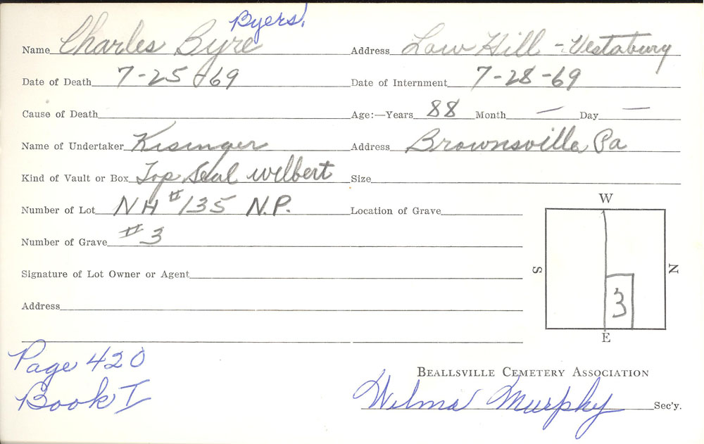 Charles Byers burial card